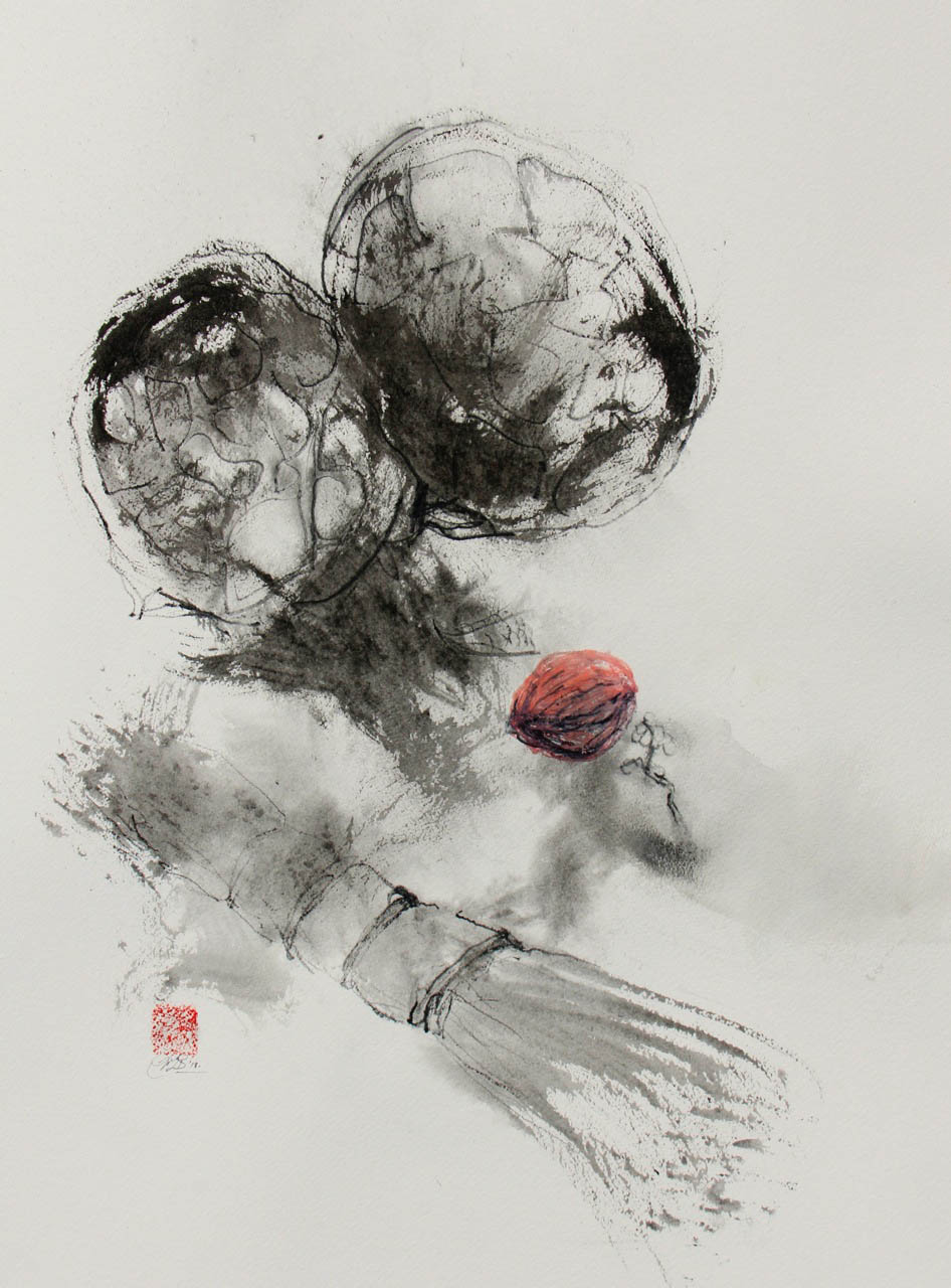“Lotus Pods and Tea Whisk”, sumi-e, 18” x 24”